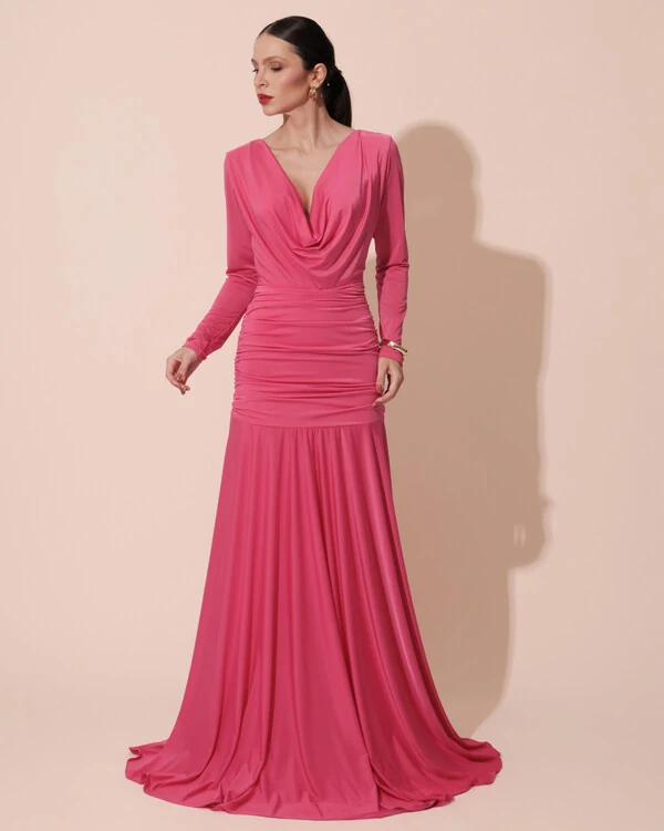 Vestido de Festa Longo Malha Degagê Drapeado Manga Longa Pink New