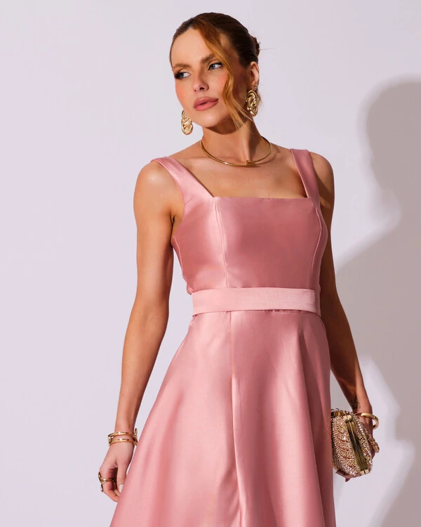 Vestido de Festa Longo Zibeline com Fenda e Faixa Rose