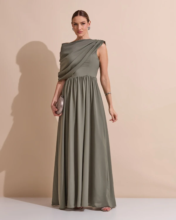 Vestido de Festa Longo Um Ombro Só Crepe Chiffon Capa Drapeado Verde Oliva