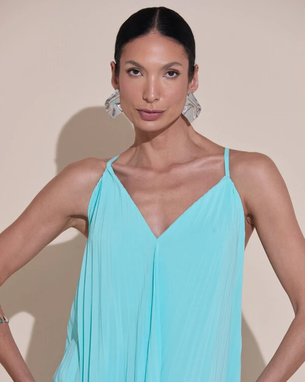 Vestido de Festa Longo Plissado Crepe Chiffon Decote V Alças Finas Tiffany