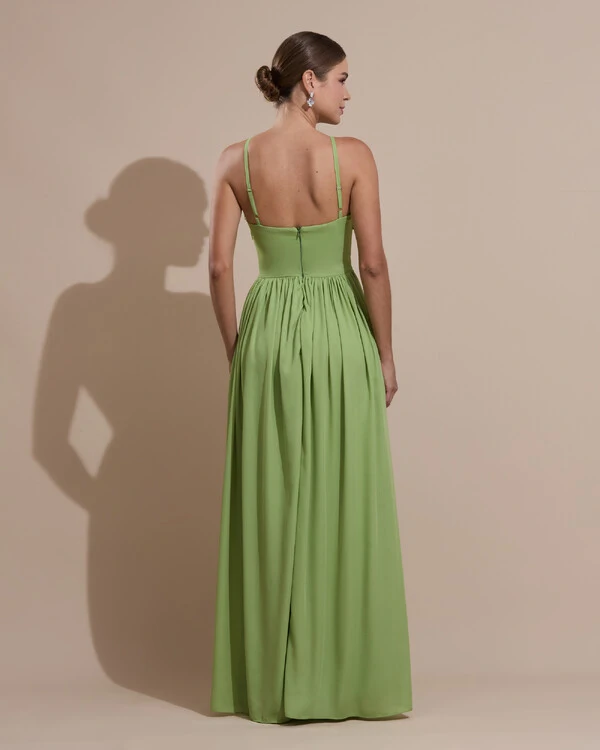 Vestido de Festa Longo Crepe Chiffon Drapeado com Alças Finas Verde Garden