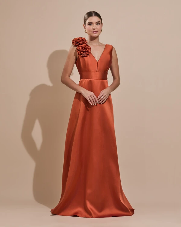 Vestido de Festa longo Zibeline Decote em V com Flores Removivel Terracota