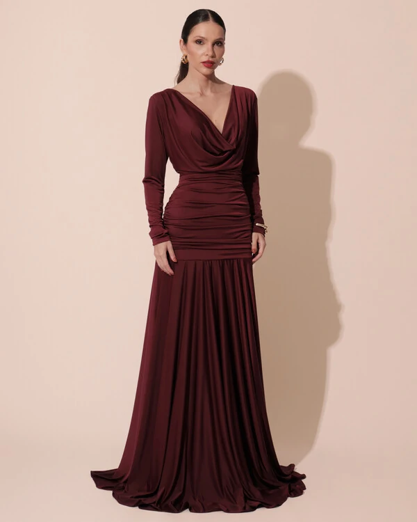 Vestido de Festa Longo Malha Degagê Drapeado Manga Longa Marsala Escuro