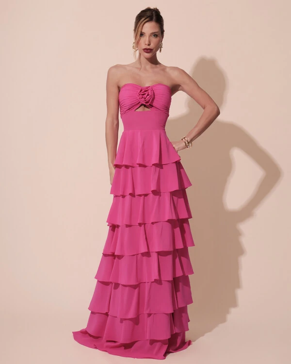 Vestido Longo Crepe Chiffon Tomara que Caia Plissado em Camadas Pink