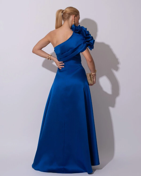 Vestido de Festa Longo Zibeline um Ombro Só Flor Drapeado Azul Royal