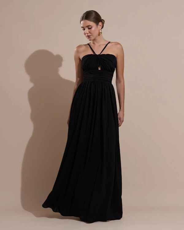 Vestido de Festa Longo Crepe Chiffon Drapeado com Alças Finas Preto