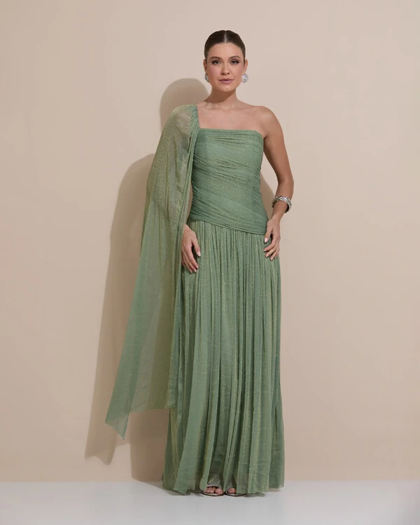 Vestido de Festa Longo Um ombro Só Tule Brilho Drapeado Capa Verde Oliva