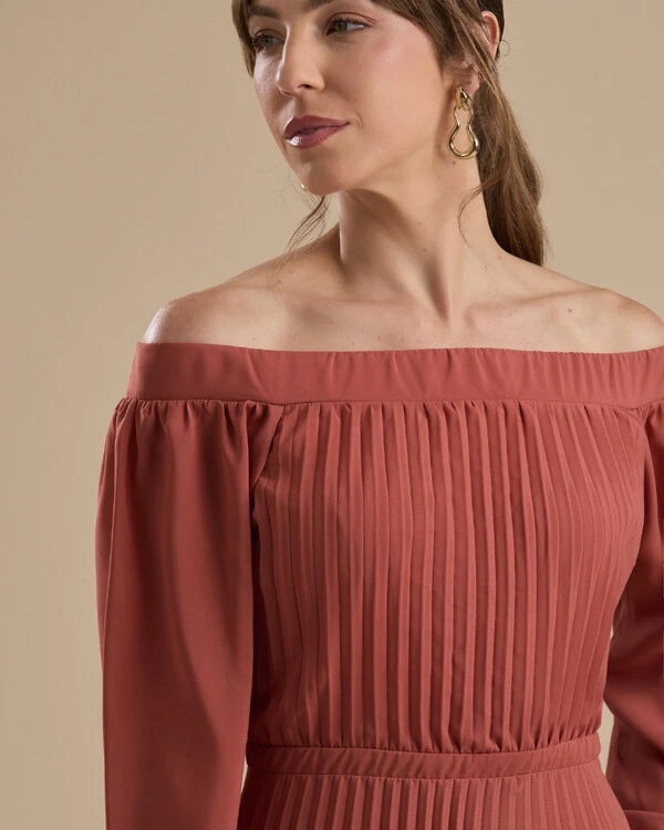 Vestido de Festa Longo Crepe Chiffon Plissado Ombro a Ombro Terracota