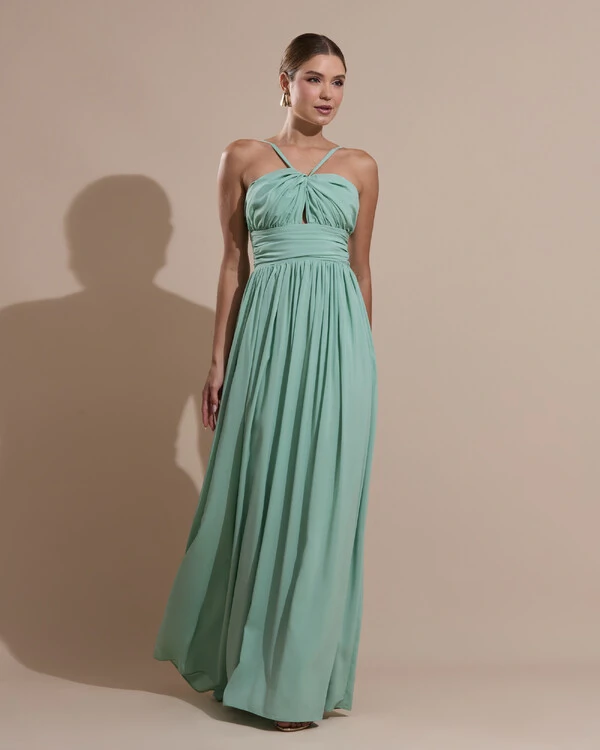 Vestido de Festa Longo Crepe Chiffon Drapeado com Alças Finas Verde Menta