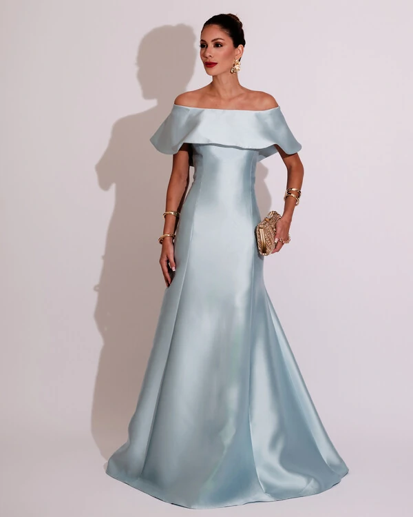 Vestido de Festa Longo Ombro a Ombro Zibeline com Babado Tiffany