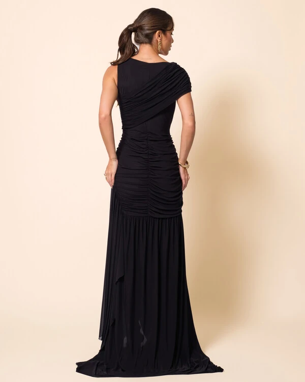 Vestido de Festa Longo Tule Faixa Detalhe Drapeado Preto