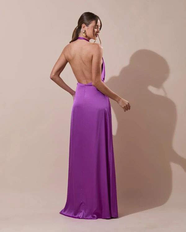 Vestido de Festa Longo Frente Única Degagê Cetim Fluido Fúcsia