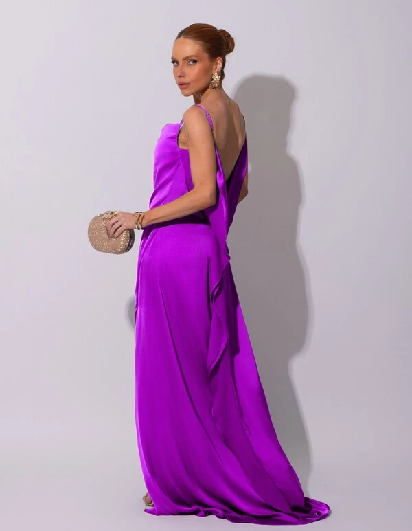 Vestido de Festa Longo Cetim Decote Degagê e Fenda Fúcsia