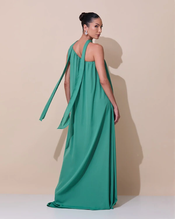 Vestido de Festa Longo Crepe Fluido um Ombro Só com Lenço Verde Matcha Escuro