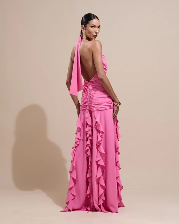 Vestido de Festa Longo Frente Única Crepe Chiffon Drapeado Babados Cascata Rosa