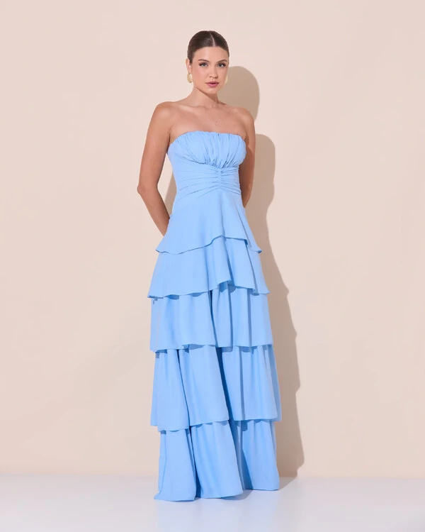 Vestido De Festa Longo Tomara que Caia Drapeado Crepe Chiffon Babado Camadas Serenity