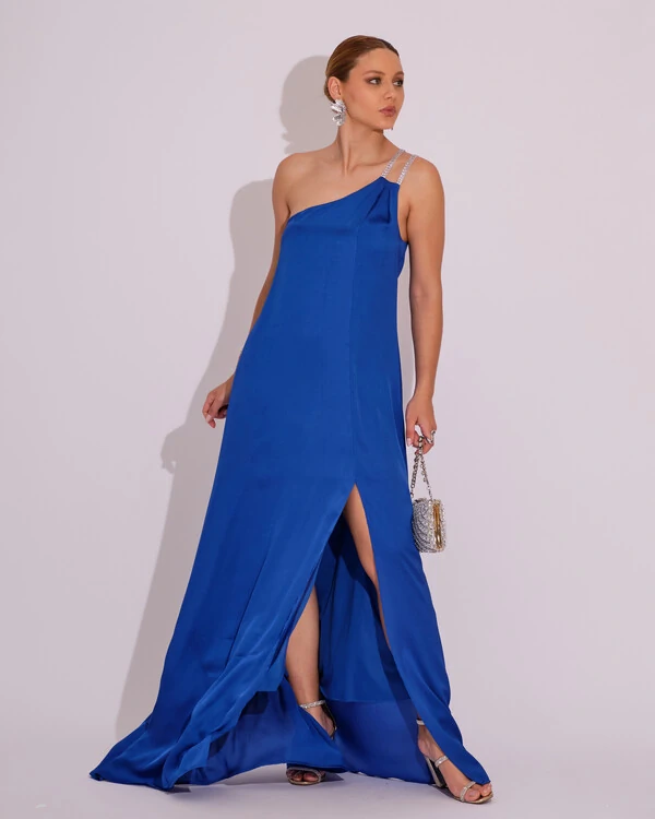 Vestido de Festa Longo Cetim Um Ombro Só Azul Royal