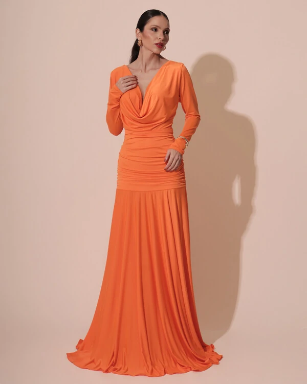 Vestido de Festa Longo Malha Degagê Drapeado Manga Longa Laranja