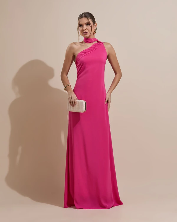 Vestido de Festa Longo Crepe Chiffon Um Ombro Só Drapeado Pink