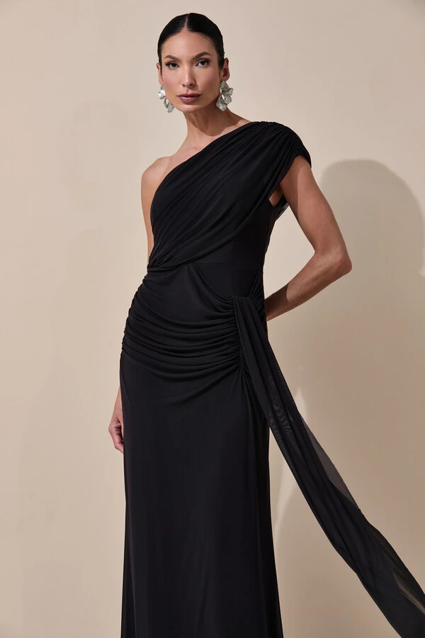 Vestido de Festa Longo Um Ombro Só Tule Drapeado Faixa Preto