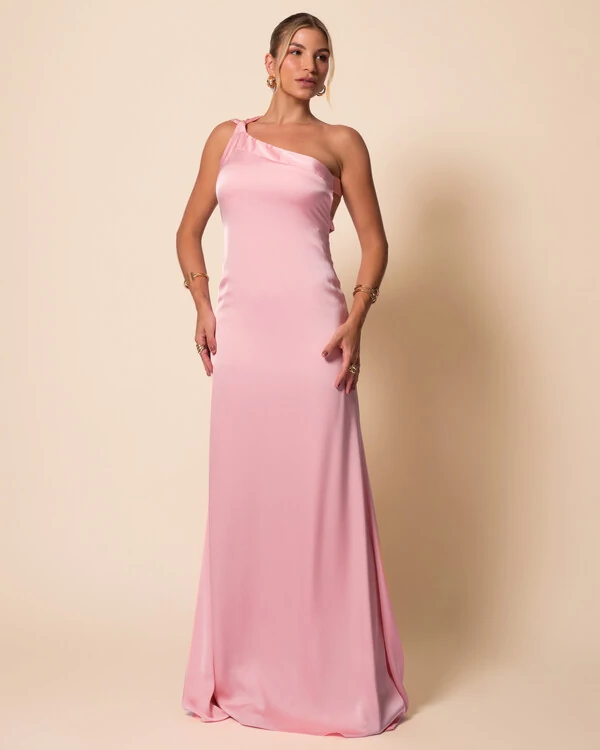 Vestido de Festa Longo Cetim Fluido Um Ombro Só Amarração Costas Rose Gold