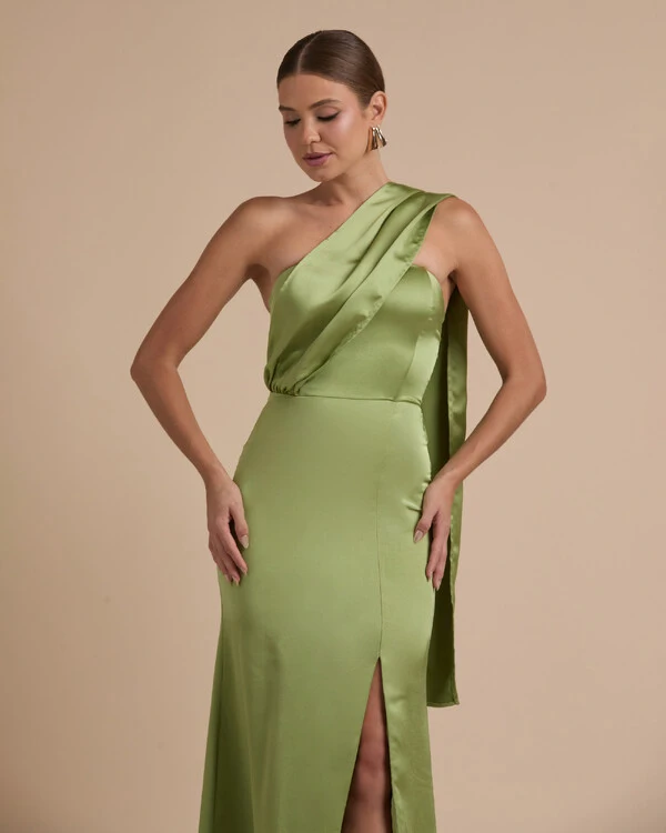 Vestido de Festa Longo Cetim Alfaiataria Tomara que Caia com Faixa Lenço Verde Pistache