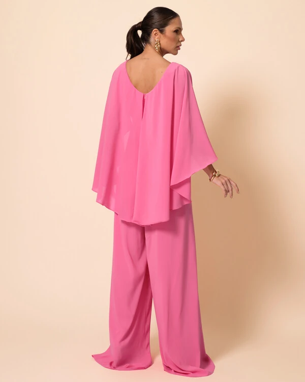 Macacão de Festa Longo Crepe Chiffon com Capa Rosa