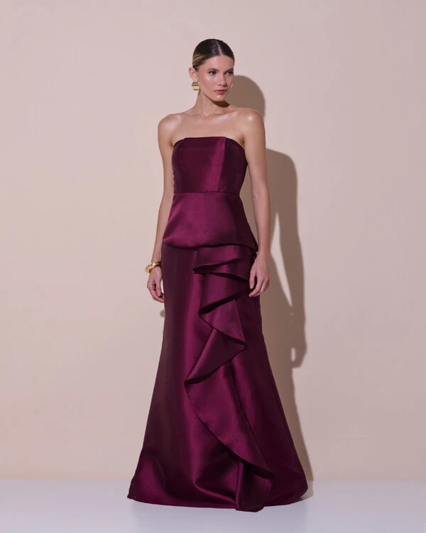 Vestido de Festa Longo Tomara que Caia Babado Cascata Marsala Escuro New
