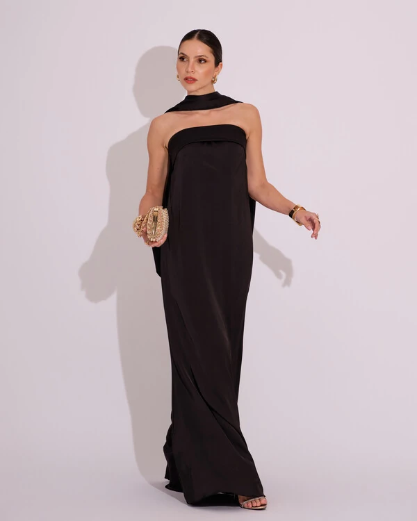 Vestido Longo de Festa Tomara que Caia Cetim com Lenço Preto