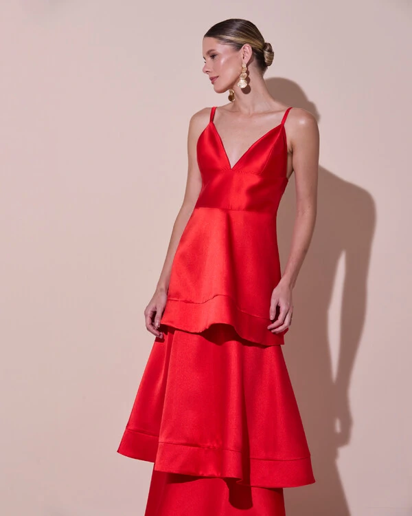 Vestido de Festa Longo Zibeline em Camadas Decote em V com Alças Vermelho New