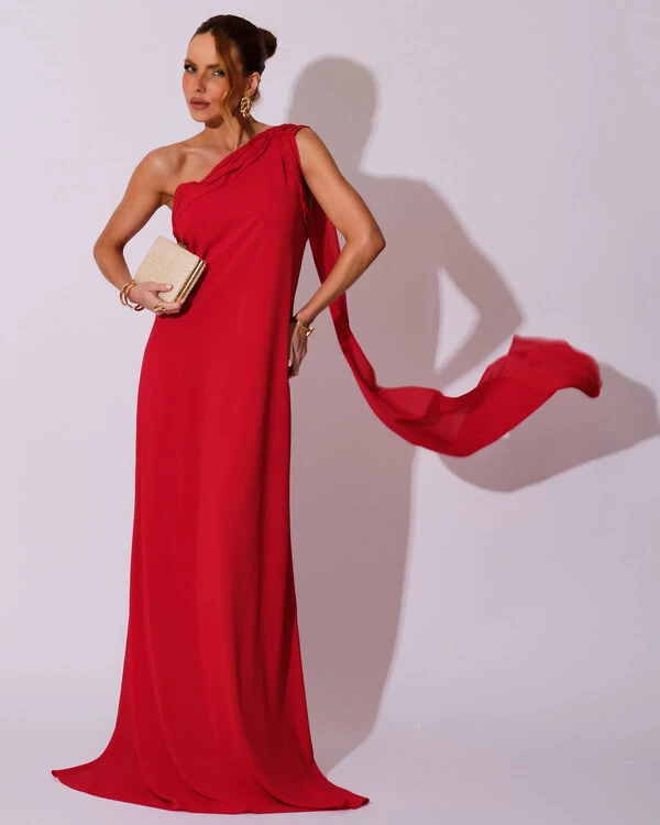 Vestido de Festa Longo Crepe Chiffon Um Ombro Só Drapeado Vermelho
