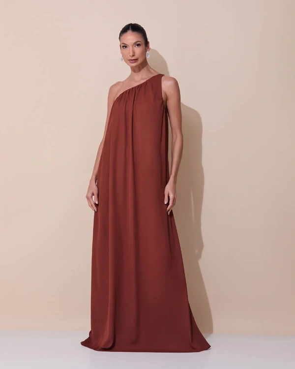 Vestido de Festa Longo Crepe Fluido um Ombro Só com Lenço Marrom New