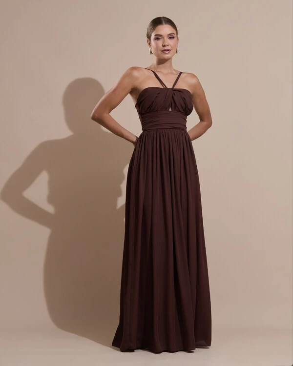 Vestido de Festa Longo Crepe Chiffon Drapeado com Alças Finas Marrom