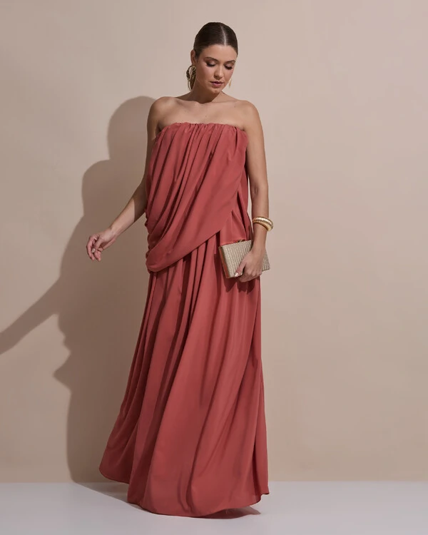 Vestido de Festa Longo Tomara Que Caia Crepe Chiffon Drapeado Terracota