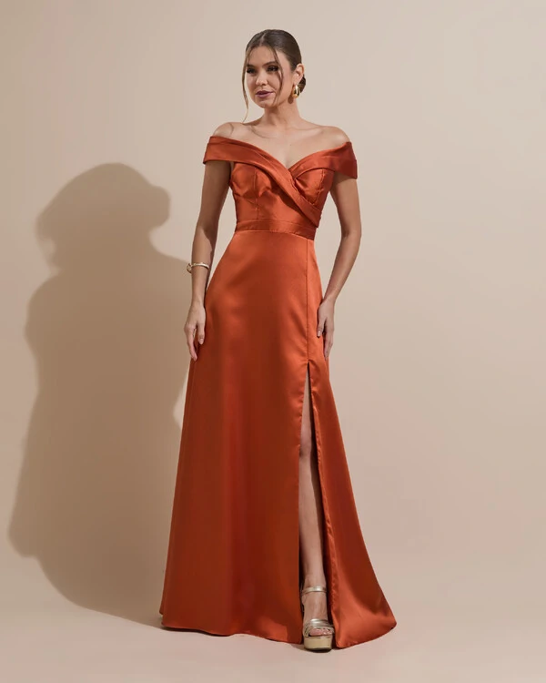 Vestido de Festa Longo Zibeline Ombro a Ombro com Fenda Terracota