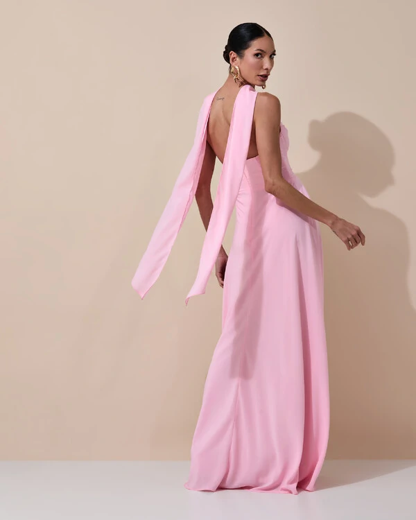 Vestido de Festa Longo Tomara que Caia Crepe Chiffon Decote Coração Lenço Rosa Claro