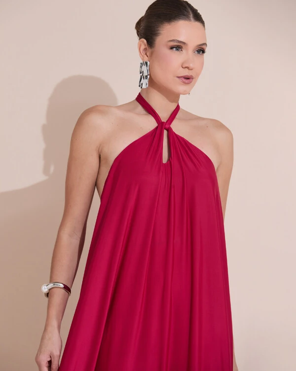 Vestido Longo com Amarração em Malha Cereja