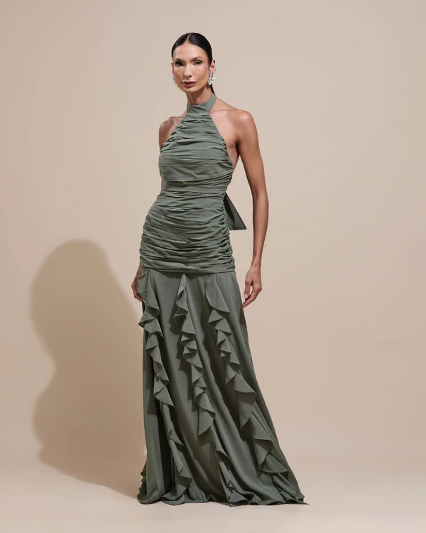Vestido de Festa Longo Frente Única Crepe Chiffon Drapeado Babados Cascata Verde Oliva