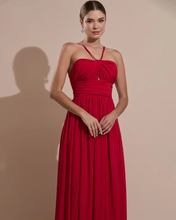 Vestido de Festa Longo Crepe Chiffon Drapeado com Alças Finas Vermelho