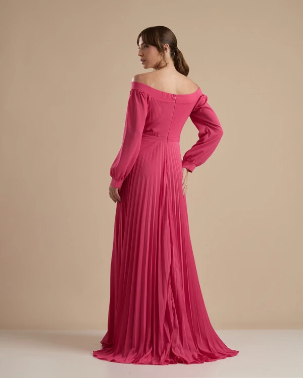 Vestido de Festa Longo Crepe Chiffon Plissado Ombro a Ombro Pink New