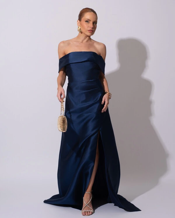Vestido de Festa Longo Zibeline Ombro a Ombro Drapeado e Fenda Azul Marinho