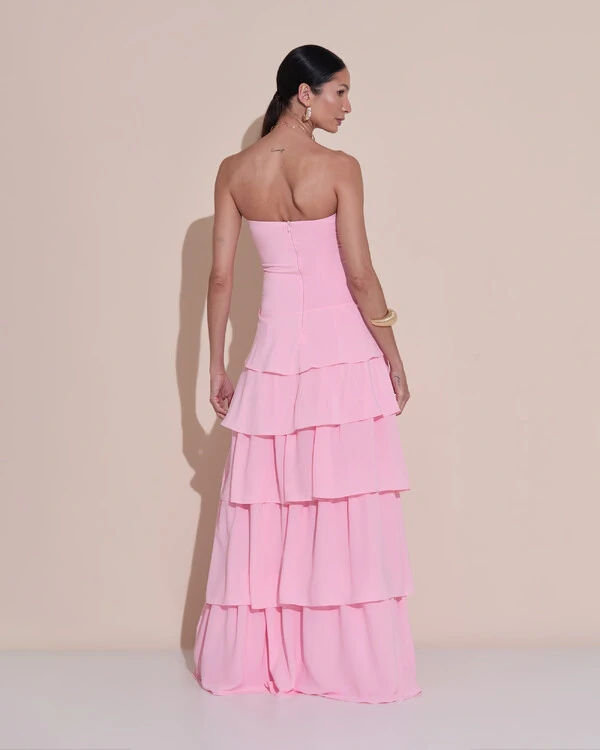 Vestido de Festa Longo Tomara que Caia Drapeado Crepe Chiffon Babados Camadas Rosa Claro