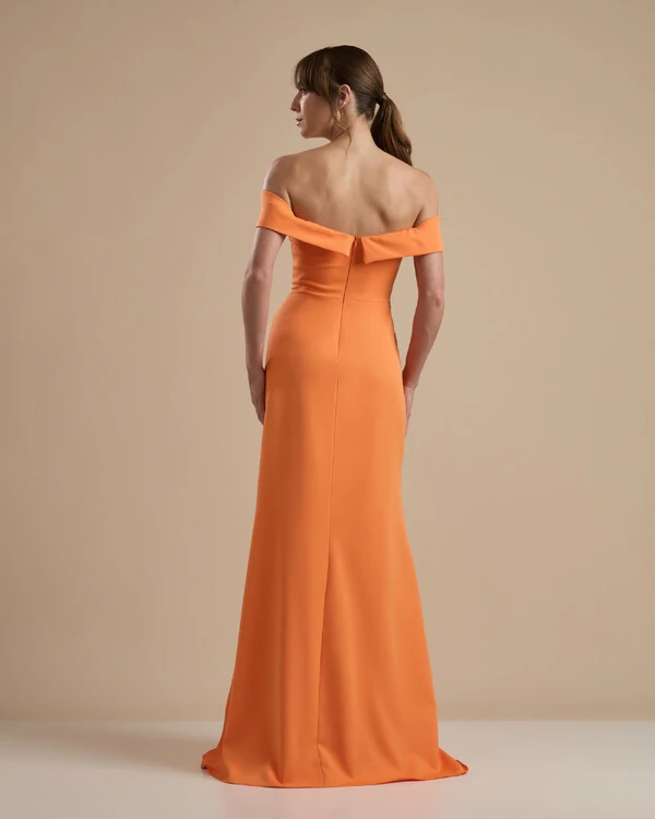 Vestido de Festa Longo Alfaiataria Ombro a Ombro com Fenda Laranja