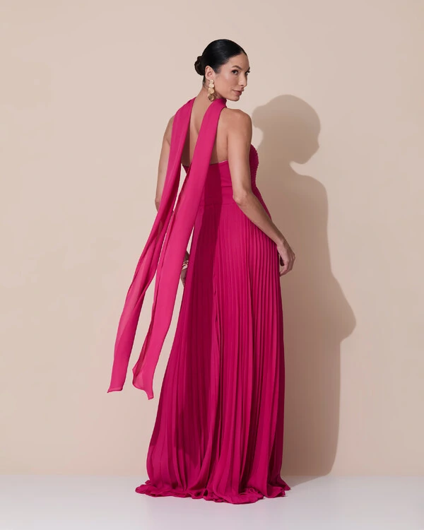Vestido de Festa Longo Tomara que Caia Plissado com Lenço Pink Escuro