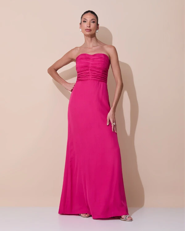 Vestido de Festa Longo Ombro a Ombro Plissado Crepe Chiffon Capa Flor 3D Pink Escuro