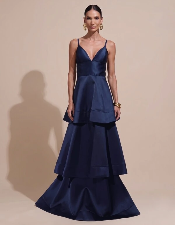 Vestido de Festa Longo Zibeline em Camadas Decote em V com Alças Azul Marinho