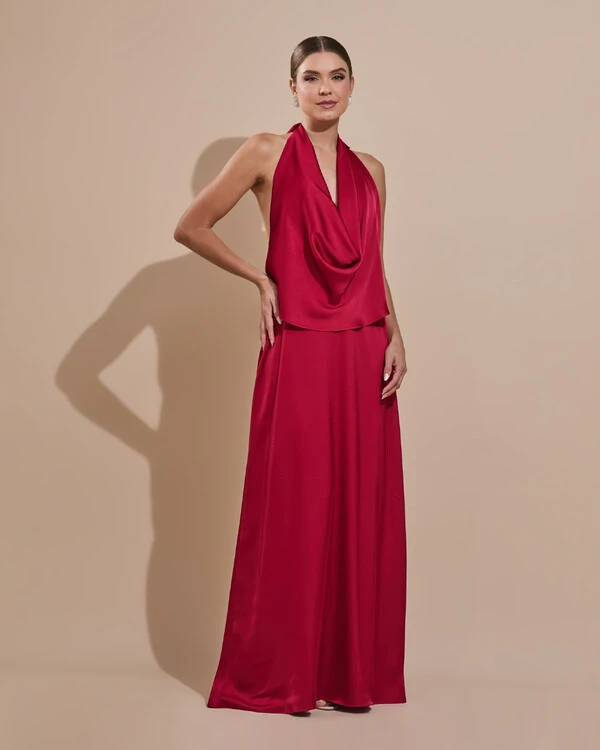 Vestido de Festa Longo Cetim Fluido Frente Única Degagê Mil Formas Marsala
