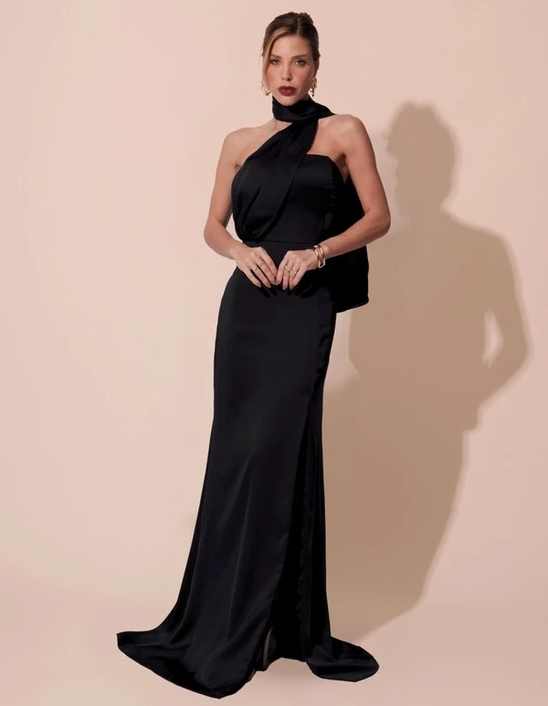 Vestido de Festa Longo Cetim Alfaiataria Tomara que Caia com Faixa Lenço Preto