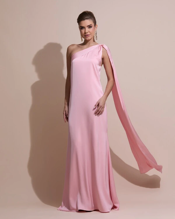 Vestido de Festa Longo Cetim Fluido Um Ombro Só Rose Gold