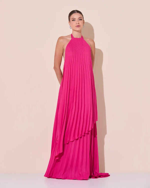 Vestidos de Festa Longo Chiffon Fluido Frente Única Plissado Duplo Pink Escuro